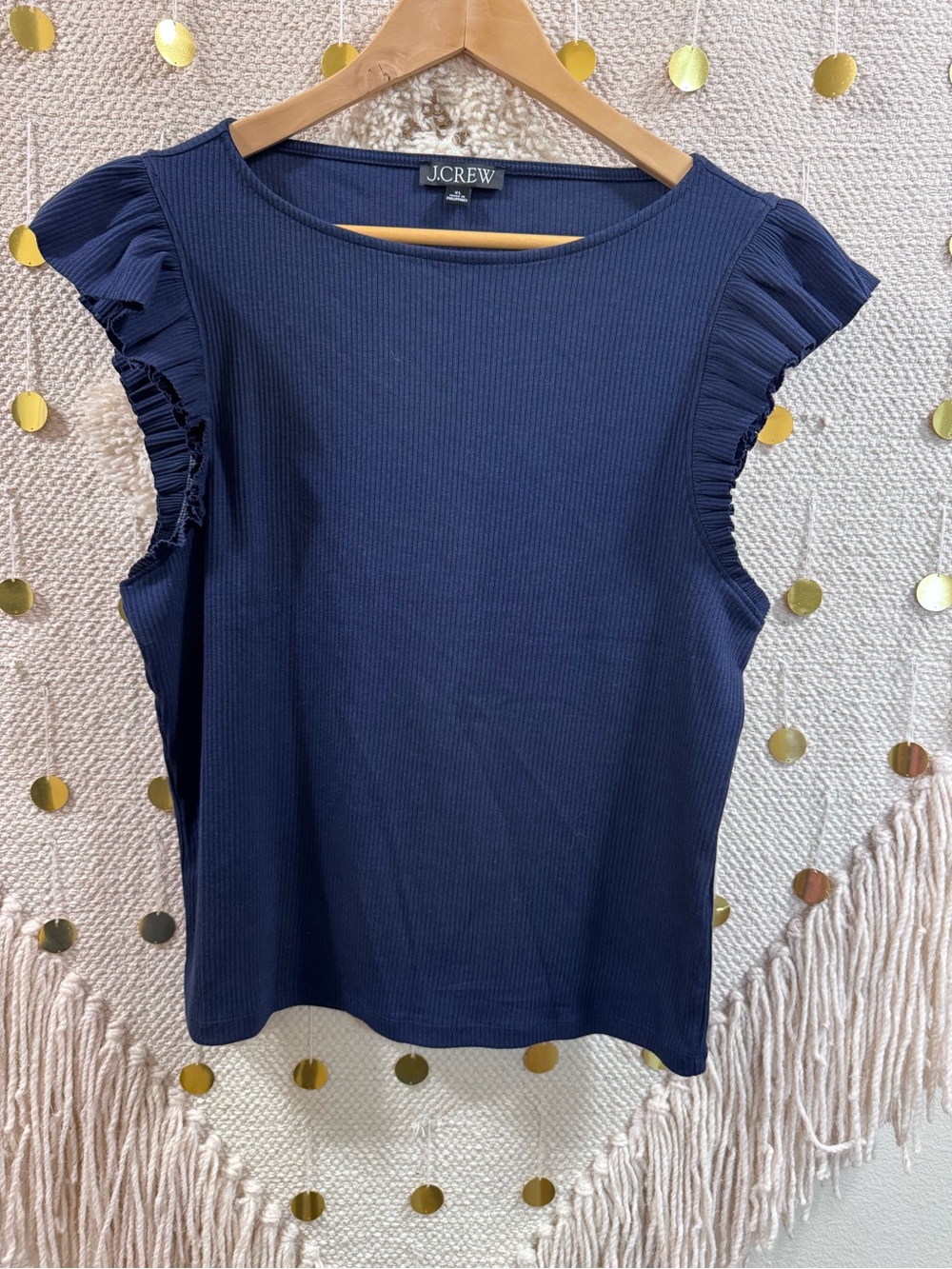 J. Crew Navy Rib Ruffle-Sleeve Tank - Picture 3 of 7